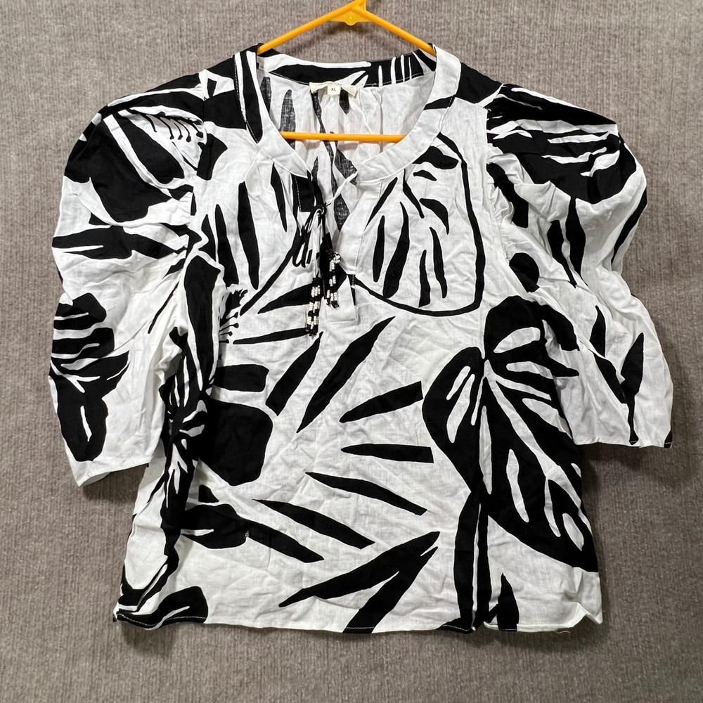 Christian Siriano New York Black White Tropical Leaf Print Tassel V Neck Top XL